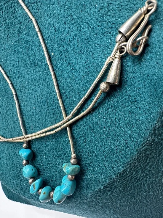 Turquoise Liquid Sterling Silver Necklace Cone Caps Hook Closure 20” - Picture 4 of 6